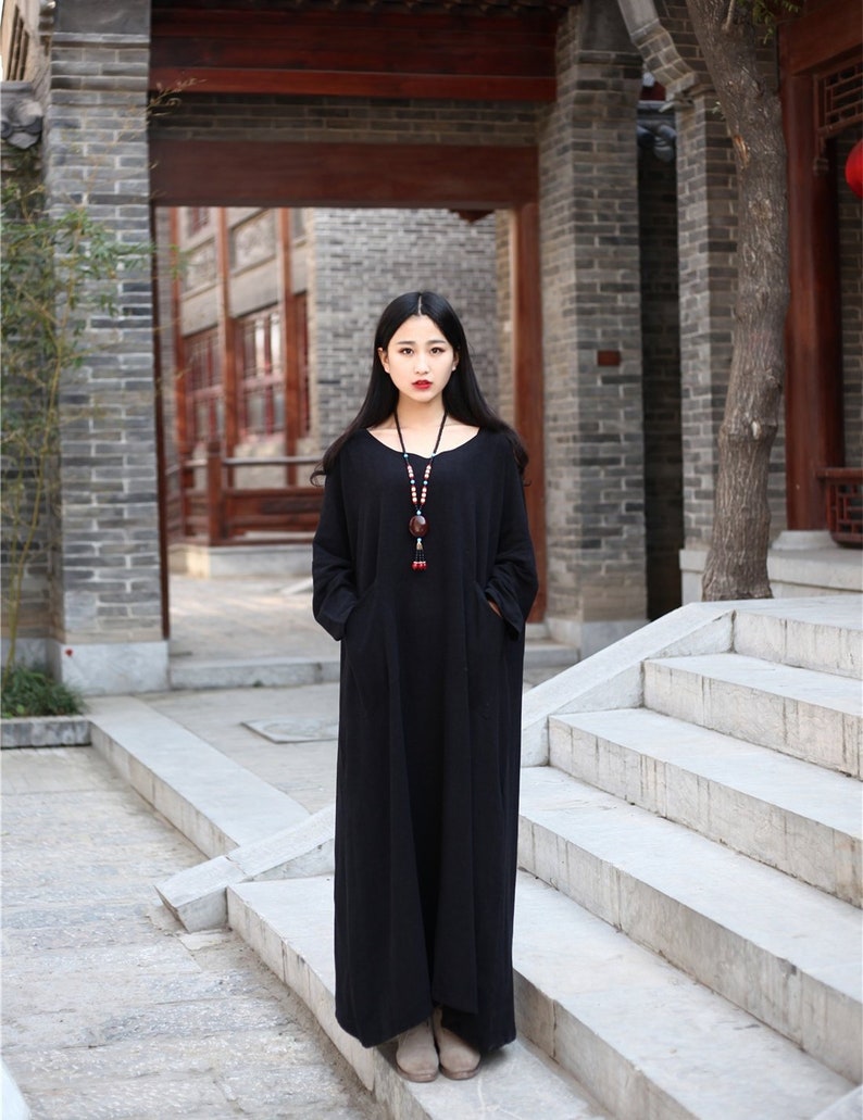 Long Soft Cotton Dress with Pockets Long Sleeves Casaul Loose Maxi Dresses for Spring Fall Customized Plus Size Clothing Linen