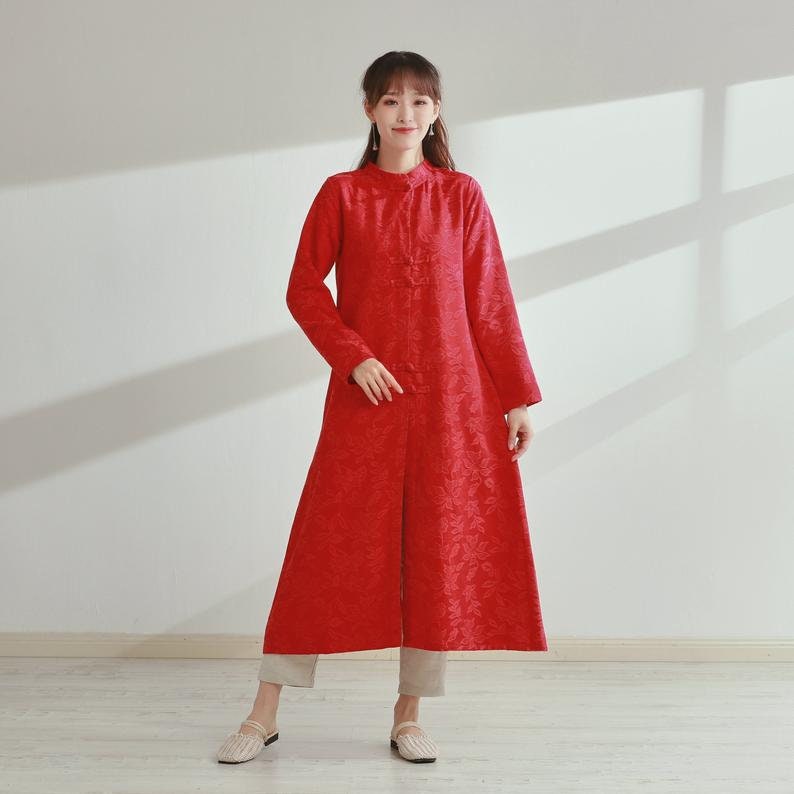 New Design Thick Jacquard Cotton Cardigan Coat Long Sleeves Shirt Casual Loose Midi Dresses Coat Customized Plus Size Clothing Duster Linen
