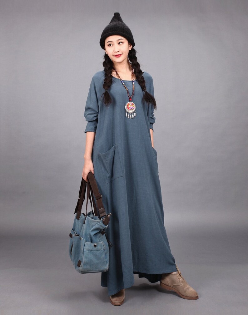 New Design Soft Cotton Maxi Dress with Pockets Long Sleeves | Etsy