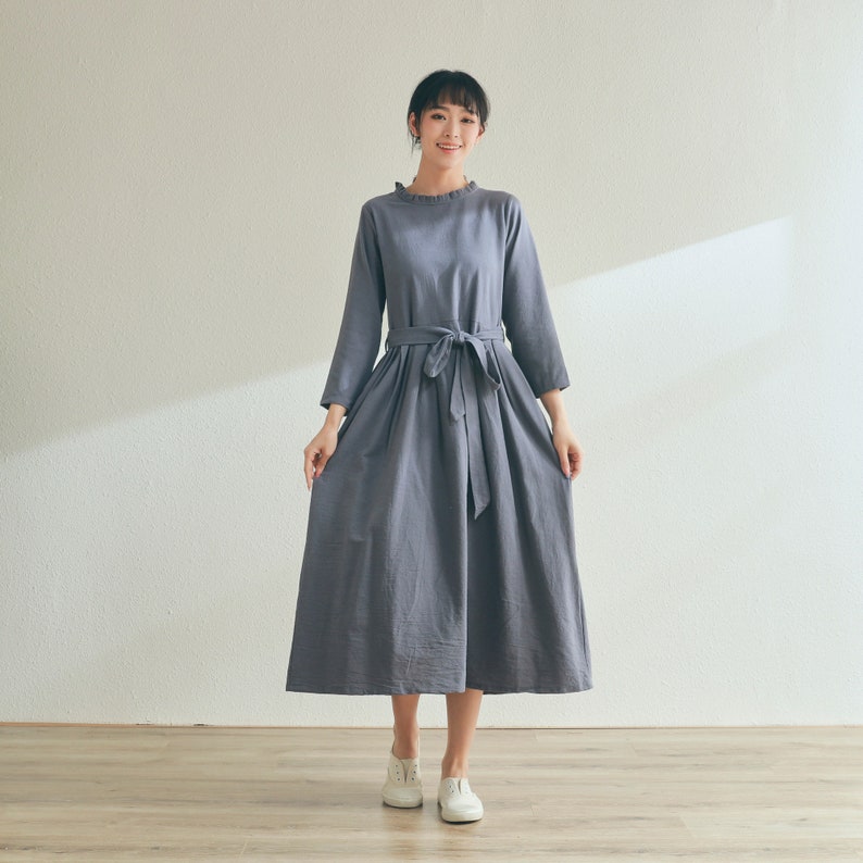 New Design Soft Cotton Dress V-neck Shirt Dress Pockets Long Sleeves Dress Casual Loose Midi Dresses Spring Fall Customized Plus Size Linen