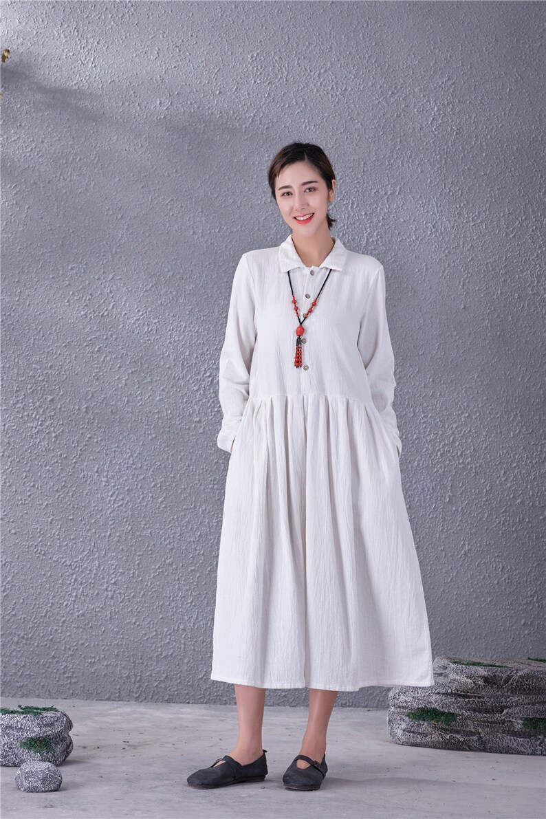 Clearance Women Long Soft Cotton Linen Dress with Pockets Long Sleeves Casual Loose Maxi Dresses for Spring Fall Plus Size Clothing Linen