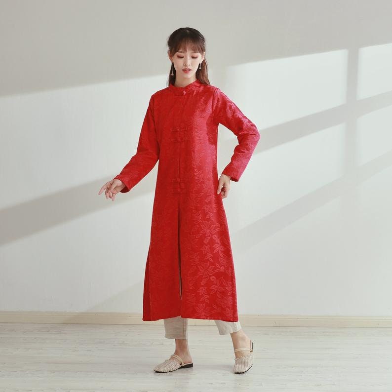 New Design Thick Jacquard Cotton Cardigan Coat Long Sleeves Shirt Casual Loose Midi Dresses Coat Customized Plus Size Clothing Duster Linen