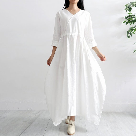 New Design Soft Cotton Dress with Pockets Long Sleeves Caftan Casual Loose Midi Dresses for Spring Fall Customized Plus Size Clothing Linen