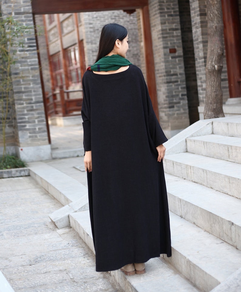 Long Soft Cotton Dress with Pockets Long Sleeves Casaul Loose Maxi Dresses for Spring Fall Customized Plus Size Clothing Linen