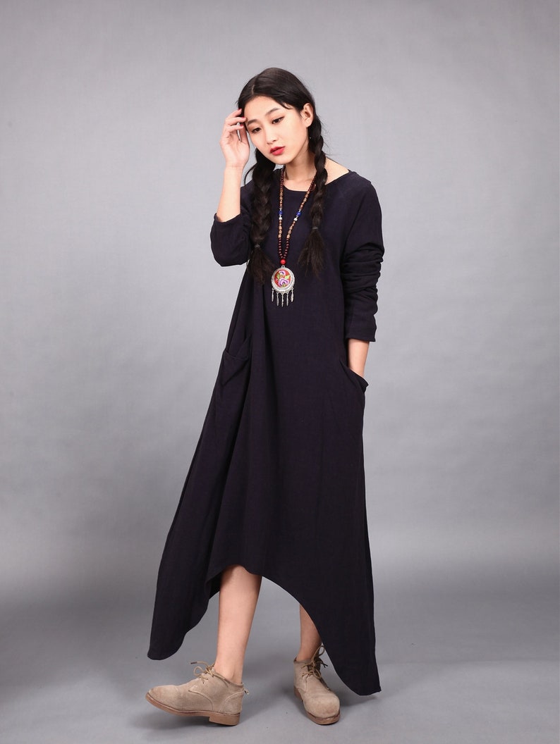 Long Soft Cotton Dress with Pockets Long Sleeves Casaul Loose Maxi Dresses for Spring Fall Customized Plus Size Clothing Linen