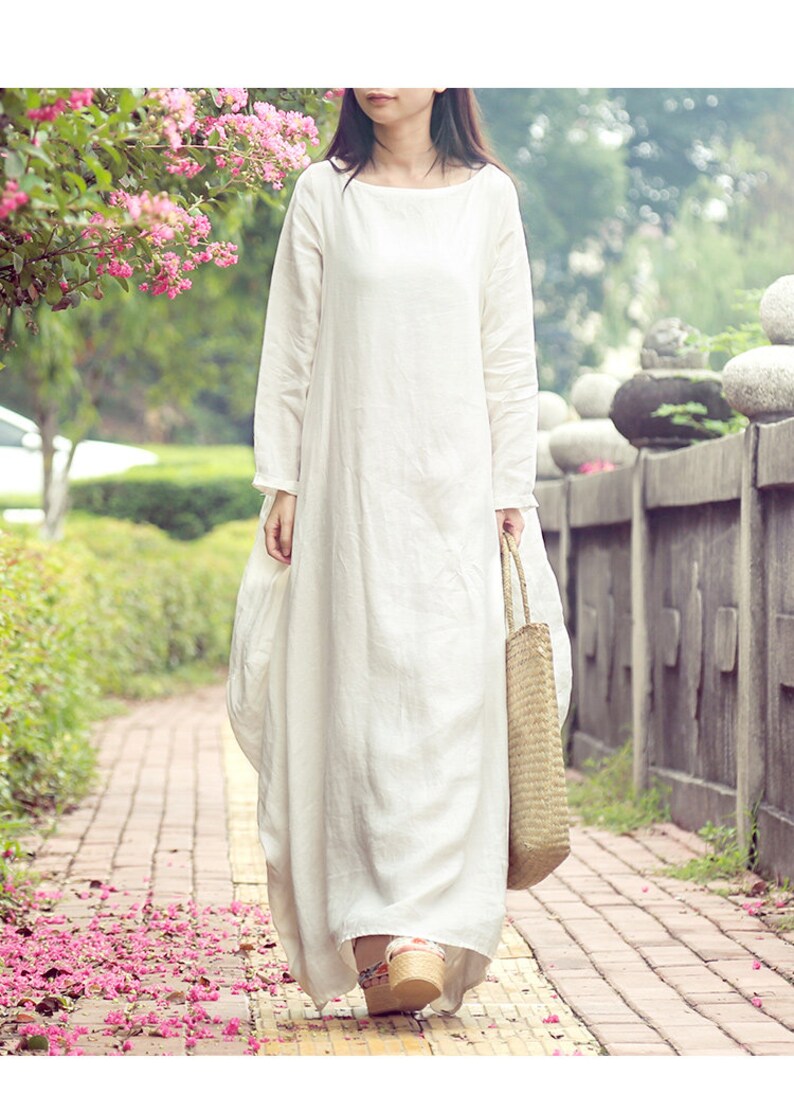 Women Cotton Dress Long Sleeves Robes Soft Maxi Dresses Casual Etsy