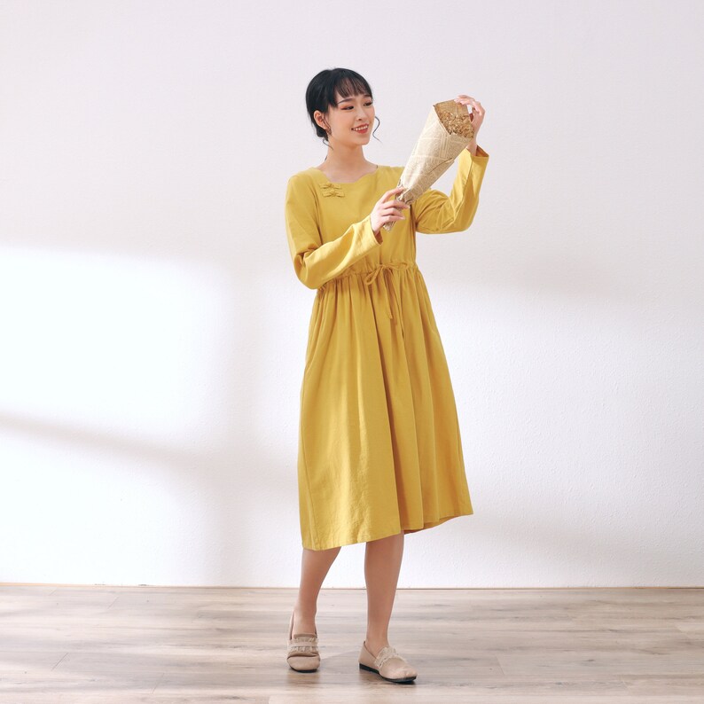 New Design Soft Cotton Dress with Pockets Long Sleeves Caftan Casual Loose Midi Dresses for Spring Fall Customized Plus Size Clothing Linen