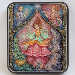 Caja de laca exclusiva, escuela de pintura artística Kholui, "Cenicienta", hecha a mano, pintada a mano, papel maché, caja de joyería