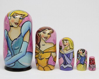 Handgemalte Prinzessin verschachtelte Puppen, Kinderzimmer Dekor, 5-teiliges Holzspielzeug