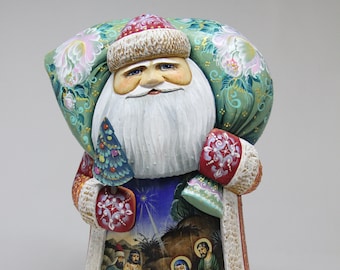 Hand Carved Wooden Santa Figurine, Ukrainian Father Frost Nativity Scene Home Decor