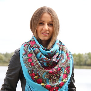 Wool Scarf Slavic Babushka Floral Scarf  Modern Chic Boho Styling with Classic Timeless Floral Design Gift for Her