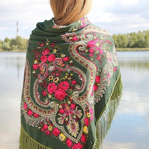 Ukrainian Wool Scarf Slavic Babushka Floral Scarf  Modern Chic Boho Styling with Classic Timeless Floral Design MADE IN UKRAINE