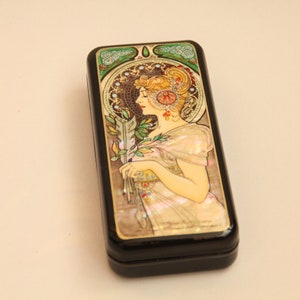 Ukrainian Lacquer Box, Fedoskino Art Painting School, Alfonse Mucha, Handmade, Hand Painted, Papier Mache, Jewelry Box