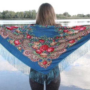 Ethnic Folk  Wool Shawl Slavic Babushka Floral Scarf Modern Chic Boho Styling with Classic Timeless Floral Design Gift for Her