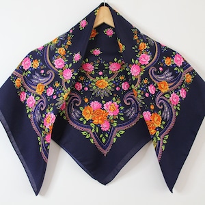 SALE! Navy Blue Slavic Babushka Floral Scarf, Ukrainian Wool Scarf, Modern Boho, Styling with Classic Timeless Floral Design Made in Ukraine