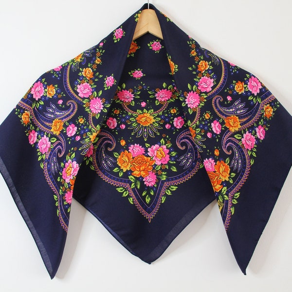Made in Ukraine SALE! Navy Blue Slavic Babushka Floral Scarf, Ukrainian Wool Scarf, Modern Boho, Styling with Classic Timeless Floral Design
