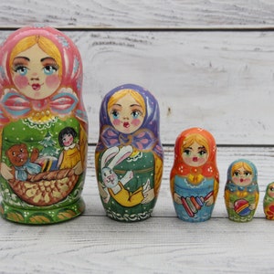 Made in Ukraine Hand Painted Nesting Doll 5 pieces, Ukrainian Doll 4.92&#39;&#39; or 12.5 cm, Wooden Toy, Home Decor, Kids Gift, Kids Room Decor