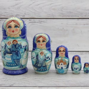 Ukrainian Fairy Tales Hand Painted Nesting Doll 5 pieces, Doll 4.72&#39;&#39; or 12 cm, Wooden Toy, Home Decor, Kids Gift, Kids Room Decor