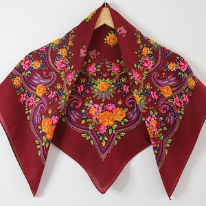 Made in Ukraine SALE! Burgundy Slavic Babushka Floral Scarf, Ukrainian Wool Scarf, Modern Boho, Styling with Classic Timeless Floral Design
