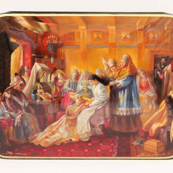 Unique Ukrainian Lacquer Box "Wedding", Gallery Quality, Fedoskino Art Painting School, Handmade, Hand Painted, Papier Mache, Jewelry Box