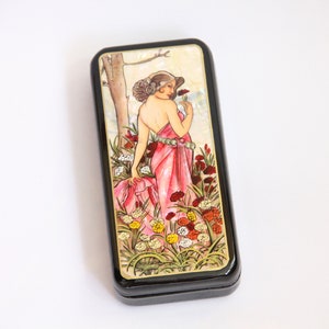 Caja de laca ucraniana de la escuela de pintura artística Fedoskino de Alfonse Mucha, caja de joyería de papel maché pintada a mano, caja de baratijas