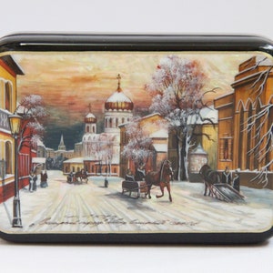 Ukrainian Lacquer Box, Fedoskino Art Painting School, Old City, Handmade, Hand Painted, Papier Mache, Jewelry Box