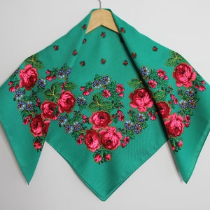 SALE! Green Slavic Babushka Floral Scarf, Ukrainian Wool Scarf, Modern Boho, Styling with Classic Timeless Floral Design Made in Ukraine