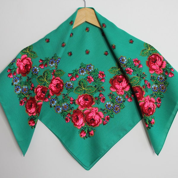 Made in Ukraine SALE! Green Slavic Babushka Floral Scarf, Ukrainian Wool Scarf, Modern Boho, Styling with Classic Timeless Floral Design