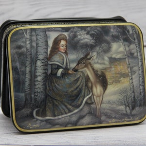 Caja de laca ucraniana única, escuela de pintura artística Fedoskino, "En el bosque", hecha a mano, pintada a mano, papel maché, caja de joyería