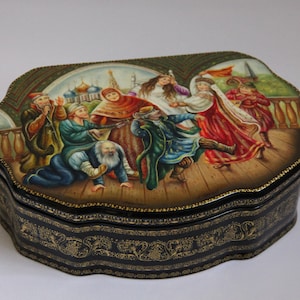 Caja de laca ucraniana única de gran tamaño "Boda", calidad de galería, escuela de pintura artística Fedoskino, hecha a mano, pintada a mano, caja de joyería