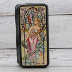 Caja de laca ucraniana, Escuela de pintura artística Fedoskino, Alfonse Mucha, hecha a mano, pintada a mano, papel maché, caja de joyería, caja de baratijas