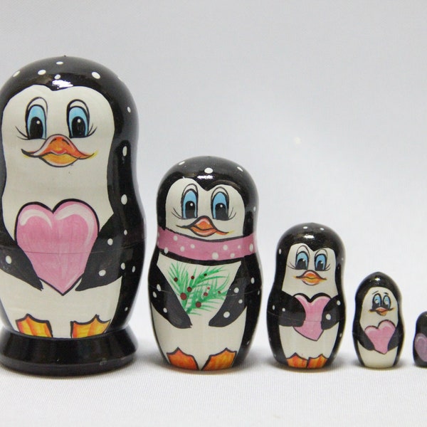 Penguins Ukrainian Nesting Doll 3.74'' or 9.5 cm,  Doll 5 pieces, Gift for Mom, Kids Gift, Animal Toys, Kids Room Decor