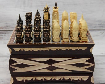 MADE in UKRAINE Hand Crafted Square Board 7.28'' or 18.5 cm, Wooden Chess Set, Hand Carved Figurines, Handmade Souvenir Chess, Gift for Him