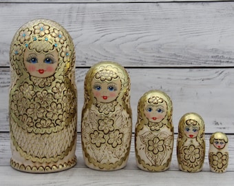 Ukrainian Hand Burned Nesting Dolls Set (5 Pieces, 18cm) – Traditional Wooden Toy Decor