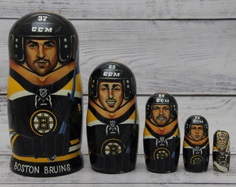 Boston Bruins Ice Hockey Sport Doll 6.29" or 16 cm Hand Painted Ukrainian Nesting Doll 5 pieces Wooden Toy Home Decor Portrait Quality