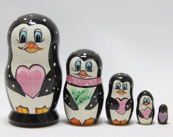 Penguins Ukrainian Nesting Doll 3.74'' or 9.5 cm,  Doll 5 pieces, Gift for Mom, Kids Gift, Animal Toys, Kids Room Decor