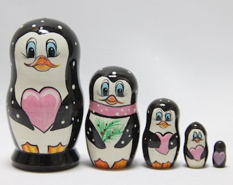 Penguins Ukrainian Nesting Doll, Hand Crafted, 5 Piece Set