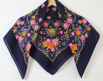 SALE! Navy Blue Slavic Babushka Floral Scarf, Ukrainian Wool Scarf, Modern Boho, Styling with Classic Timeless Floral Design Made in Ukraine