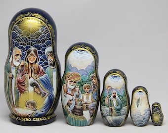 Natividad Ucraniana Nesting Doll 5 piezas 4.13'' o 10.5 cm Muñeca de anidación de Navidad de madera pintada a mano Regalo de Navidad Natividad Set - México