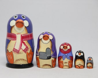Hand Painted Penguin Nesting Dolls, 5 Piece Linden Wood Matryoshka