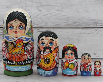 Hand Painted Ukrainian Nesting Dolls Set, 5 Piece Wooden Matryoshka Toy, Home Decor