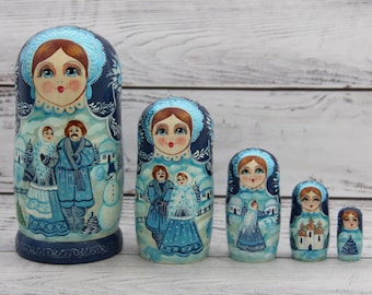 Cute Face Hand Painted Nesting Doll 5 pieces, Ukrainian Doll 6.69'' or 17 cm, Wooden Toy, Home Decor, Kids Room Decor Made in Ukraine