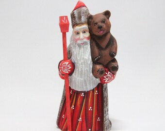 Hand Carved Linden Wood Santa with Bear, Hand Painted Christmas Decor (8.07" Height)