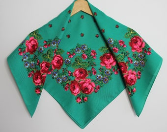 SALE! Green Slavic Babushka Floral Scarf, Ukrainian Wool Scarf, Modern Boho, Styling with Classic Timeless Floral Design Made in Ukraine