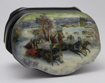 Unique Hand Painted Ukrainian Lacquer Box, Fedoskino School Troika Scene, Papier Mache Jewelry Case, One Of Kind