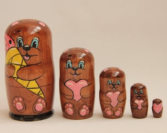 Hand Crafted Wooden Bear Nesting Doll: 5 Piece Animal Toy
