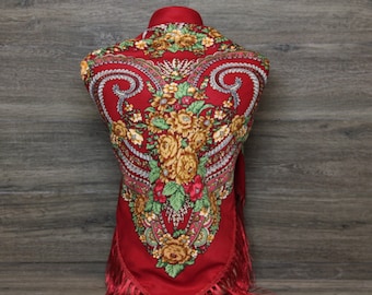 Echarpe en laine folklorique slave Echarpe florale babushka slave moderne Chic Boho Chale Russe avec un design floral classique intemporel, cadeau pour elle