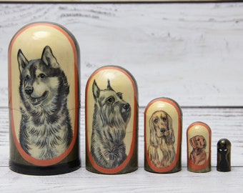 Handcrafted Ukrainian Dogs Nesting Doll, 5 Piece Wooden Matryoshka