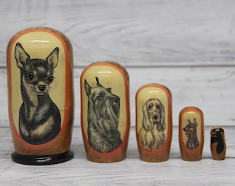 Muñeca rusa de razas de perros, Matrioska de madera pintada a mano, juego de 5 piezas