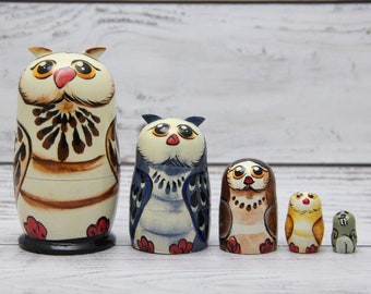 Owls Family Ukrainian Nesting doll 3.74'' or 9.5 cm  Doll 5 pieces Gift for Mom Kids Gift Animal Toys Kids Room Decor Owl Doll